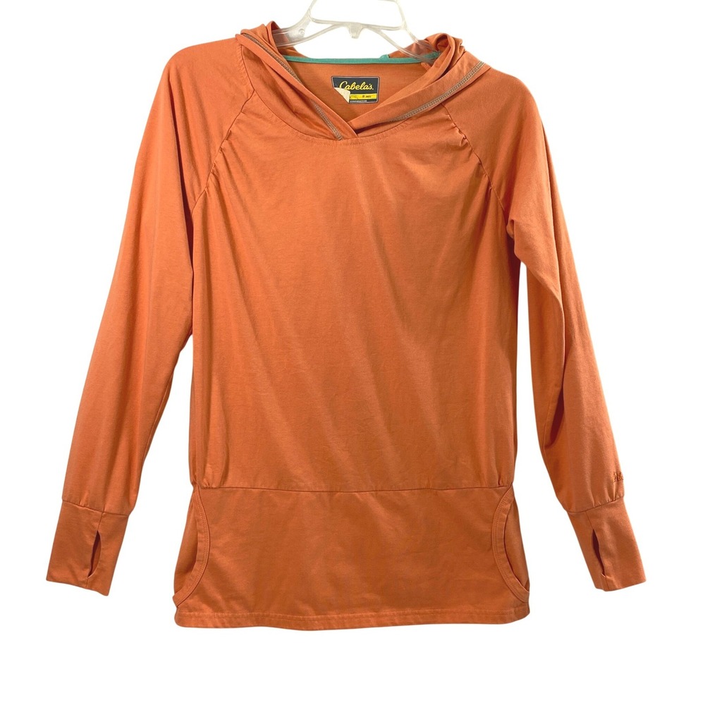 Cabelas Hoodie Womens Small Orange Pullover Thumbholes Pockets Athletic Outdoors